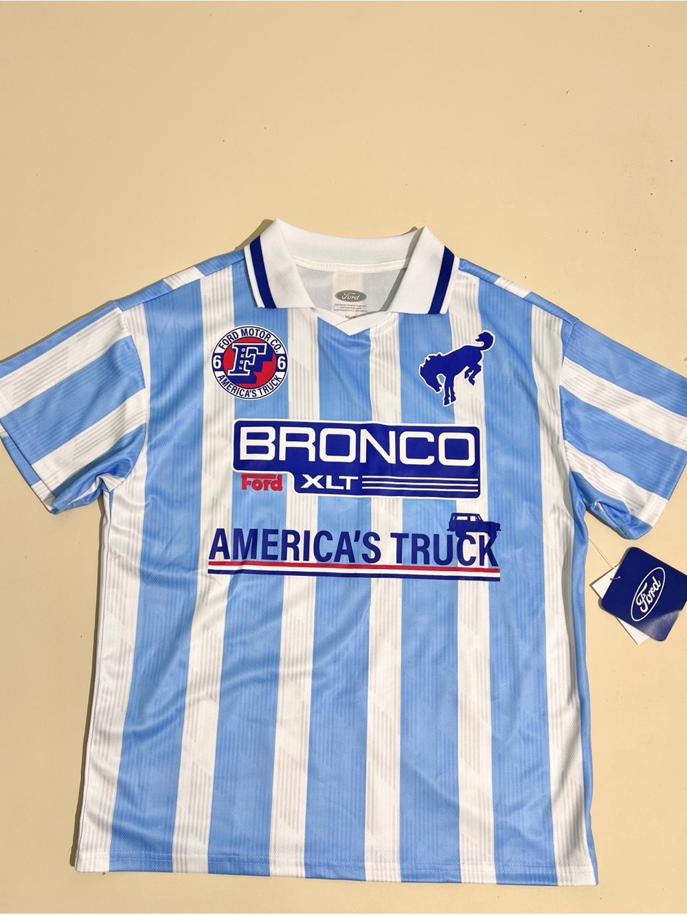 Ford Bronco XLT “America’s Truck” Kids Jersey Polo Shirt Blue White Striped NWT